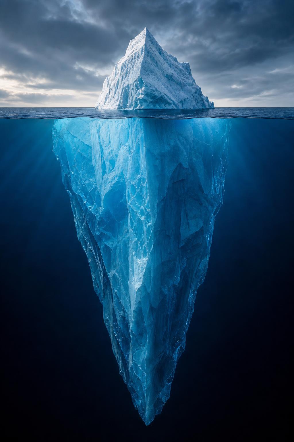 A complete realistic iceberg, from its peak above the waterline to its deepest point below